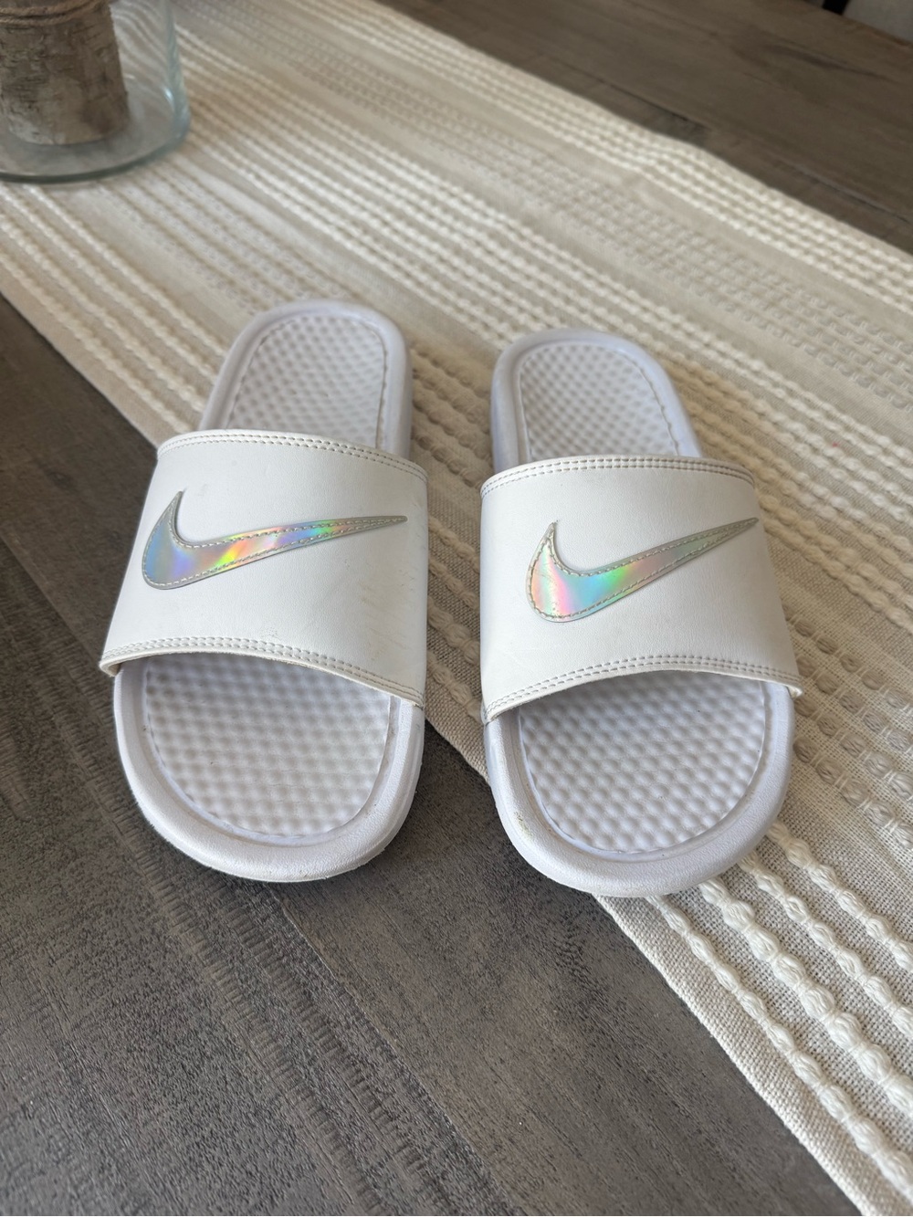 Nike White Slide Sandals with Iridescent Swoosh